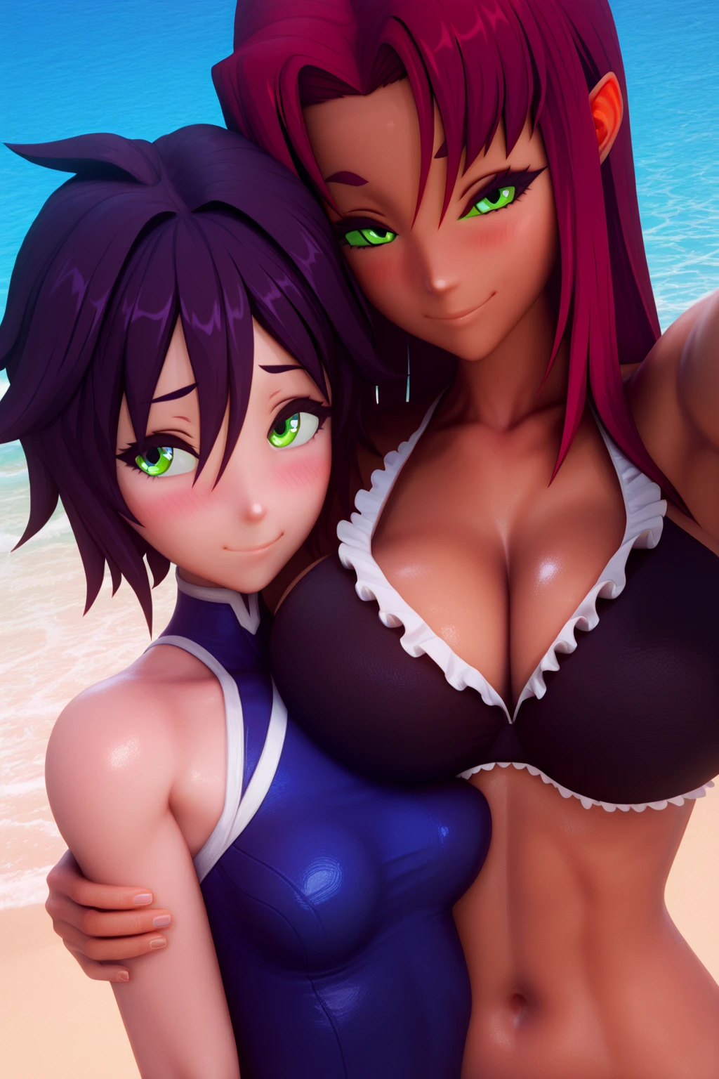 (((upper body:1.6, ,2girls hugging, 2woman , blue sky, boobs press on boobs,daytime, sunny, walking on the beach,))), beautiful eyes, beautiful girl, high detail skin, high detail eyes, high detail hair, highres, ultra detailed, sharpen picture, Highly detailed, masterpiece, best quality, photorealistic,
 <lora:BatBladeBunnylLoRA:0.8>,pink long hair, long hair,bangs,rabbit ears,animal ear fluff,facial mark,wrist cuffs,bowtie,single glove,thighhighs,strapless leotard,boots,fishnet pantyhose,rabbit tail
,purple long hair,1girl, batbunny,long hair,bangs,rabbit ears,dark-skinned female,animal ear fluff,facial mark,thighhighs,frills,wrist cuffs,detached collar,strapless leotard,boots,rabbit tail,  PA7_Portrait-HL_v2:1.6