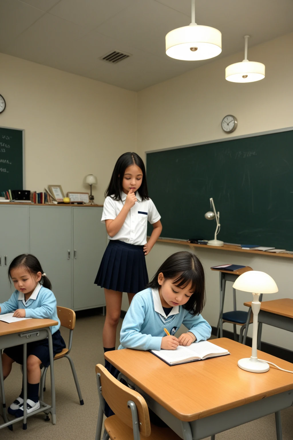 ((best quality)), ((masterpiece)), (detailed), An illustration of a young Indian teacher standing in front of a group of kindergarten students who are all sitting at their desks with their heads down looking sad and ashamed. The teacher's hand is raised in a scolding gesture.