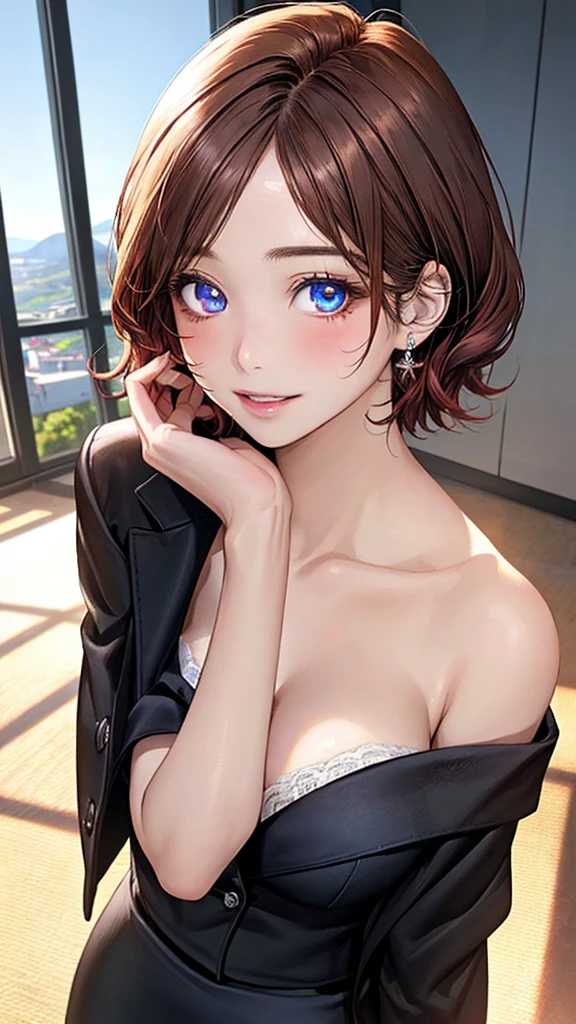 ((((masterpiece, best quality, high resolution)))), Extremely detailed 8K, Beautiful girl with voluptuous body, (Ultra HD, Ultra-detailed, Highly detailed, Highly realistic, Ultra-realistic, photograph realistic), (1girl:1.5), silky hair, bob cut, (dynamic poses), facing at camera, looking at viewer, (blushing red, smile), (purple eyes, sharp eyes), (perky breasts:1.2), (beautiful detailed face, beautiful detailed eyes), ((revealing outfit))