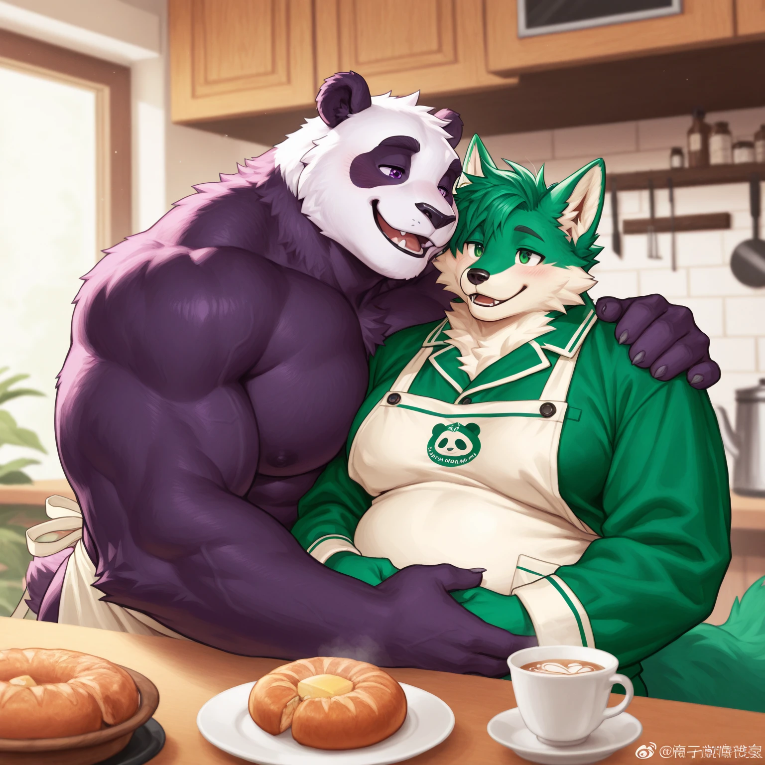 two muscular tiger , furry chest, muscular green tiger hug muscular tiger back, muscular green tiger stand behind, hug from behind, white background, perfect hand, perfect antomy, thick furry neck and chest fluff, handhold cup of coffee, kiss, hand into jock, side view, jock, having sex, by lindong, by nullghost