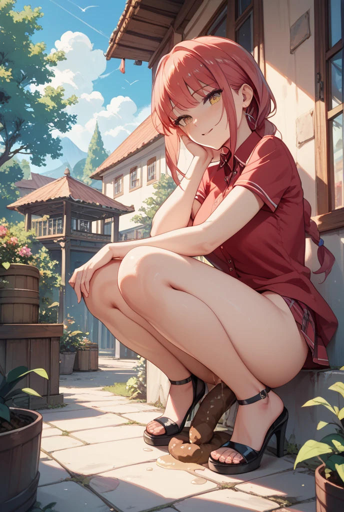 A Female robot is sleeping in the book, spread legs, nude, banzai pose. she wears no dress. She Brown short hair is tied with two big red clothespins, She lifts up the under hem of her white plain dress, leaning over, masterpiece, very short pigtails,brown hair, mature, android, blue eyes, full body figure, Height: 160cm, flushed cheeks, 2020s anime picture, A beautiful robot with short brown hair in two short pigtails held up by two very large huge red clothespins, Uplifting, No NSFW, whole body, barefoot, archaic smile, getting orgasm, 25 years old, sweat bucket. short sleeve shirt, pleated skirt, beautiful scenery, evening, skirt lift, no panties, genitals visible, full body shot, sexy face.