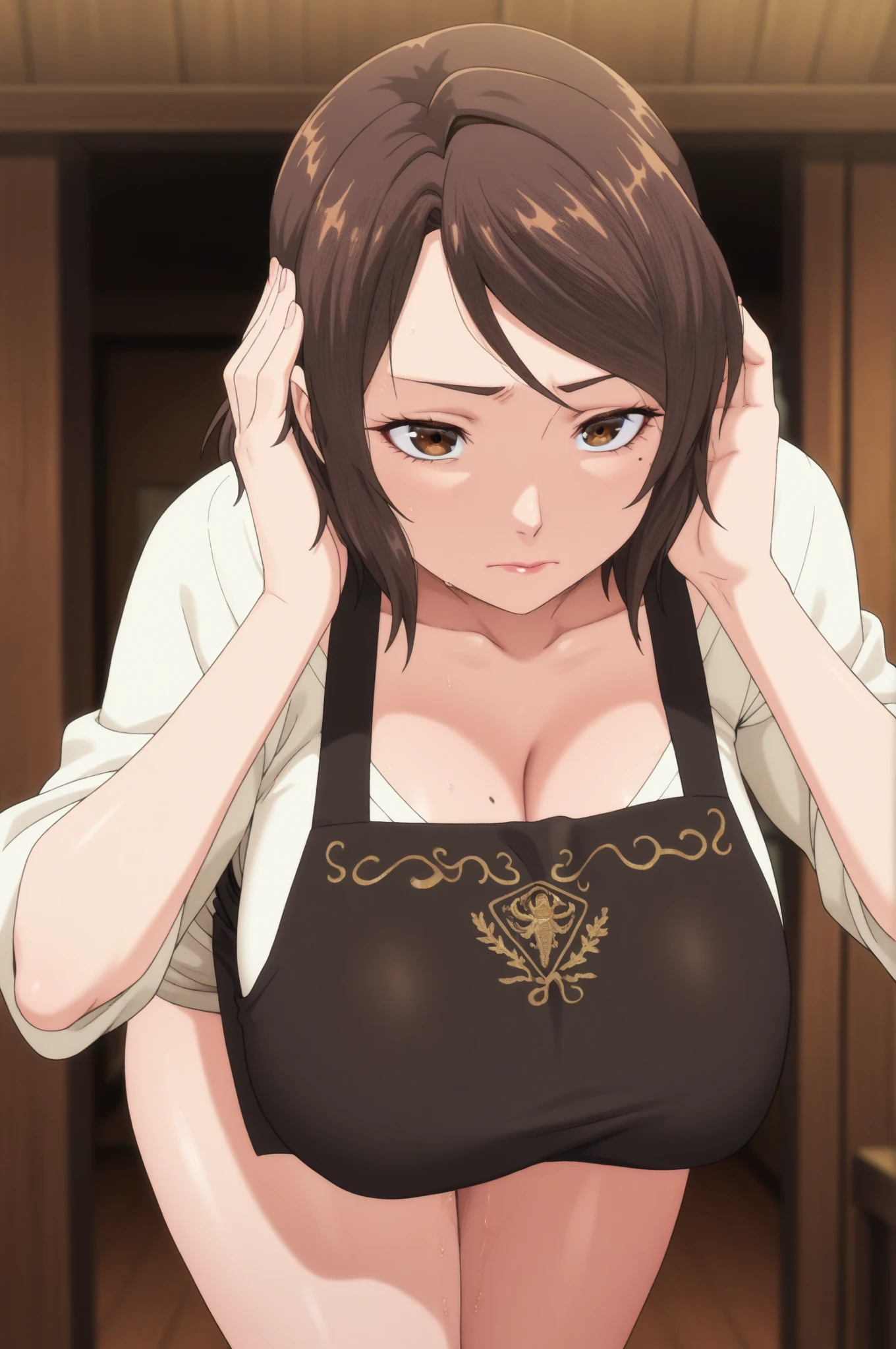 1girl, Mamako Oosuki in Anime Okaasan Online, Very big Breasts, in black dress standing in kitchen with green eyes,
