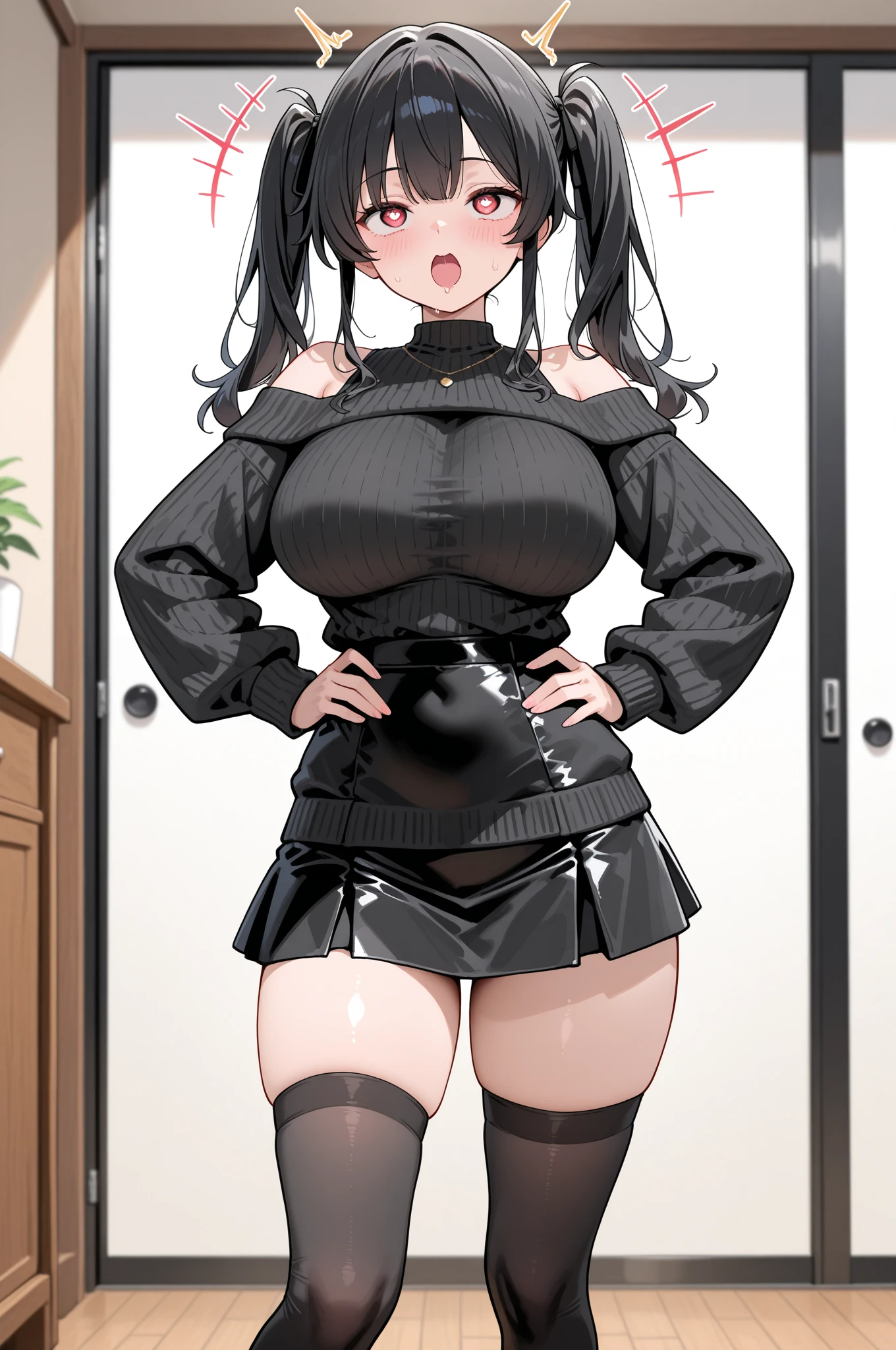 20 year old woman, busty, bubble butt, hourglass figure, skinny, sexy pose, confused, scared, expression, wearing chocker, sweater, skirt, stockings, heeled boots, messy black hair, blushing