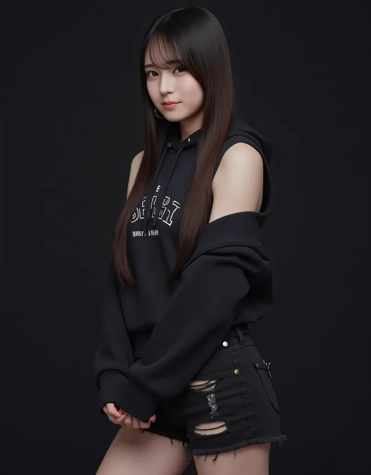 High quality, 4K, BREAK (black theme: 1.4), (sleeveless black hoodie: 1.4), ((shoulders and arms exposed): 1.3),
BREAK (damaged micro denim shorts: 1.4), (earrings: 1.2), (sports shoes: 1.1), (NSFW: 1.5), (see-through: 1.5), (sleeves: 1.5),
