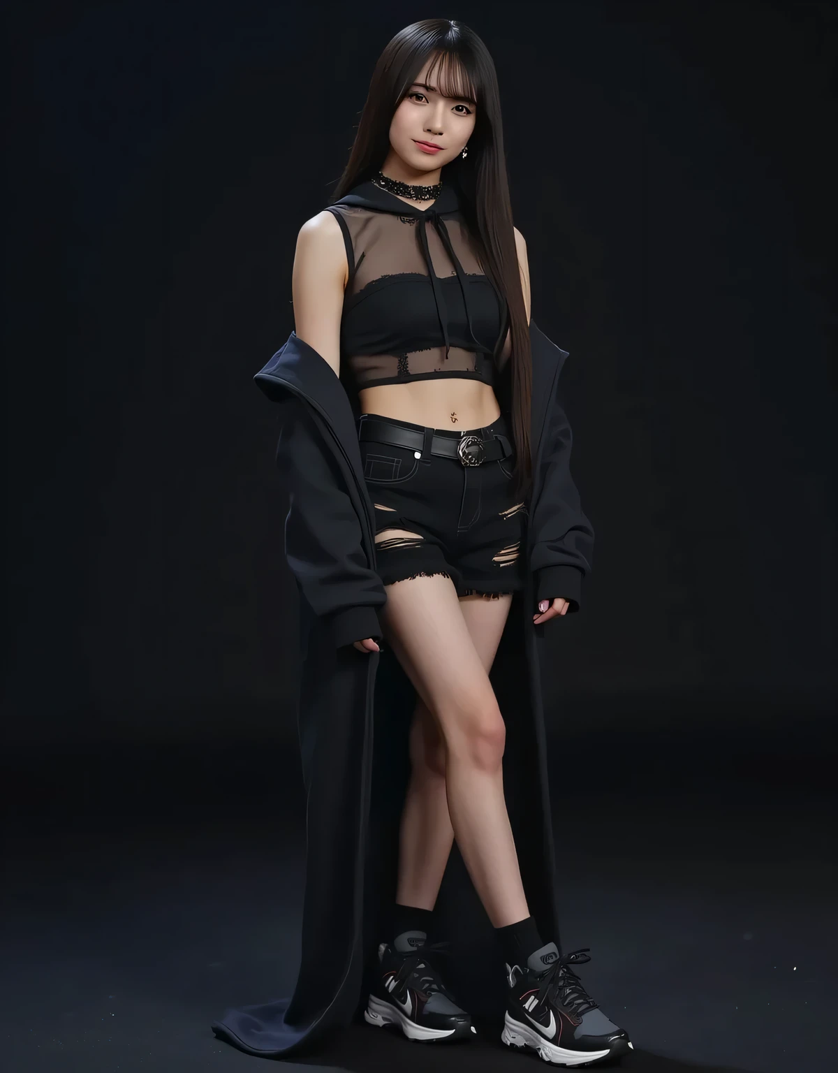 High quality, 4K, BREAK (black theme: 1.4), (sleeveless black hoodie: 1.4), ((shoulders and arms exposed): 1.3),
BREAK (damaged micro denim shorts: 1.4), (earrings: 1.2), (sports shoes: 1.1), (NSFW: 1.5), (see-through: 1.5), (sleeves: 1.5),