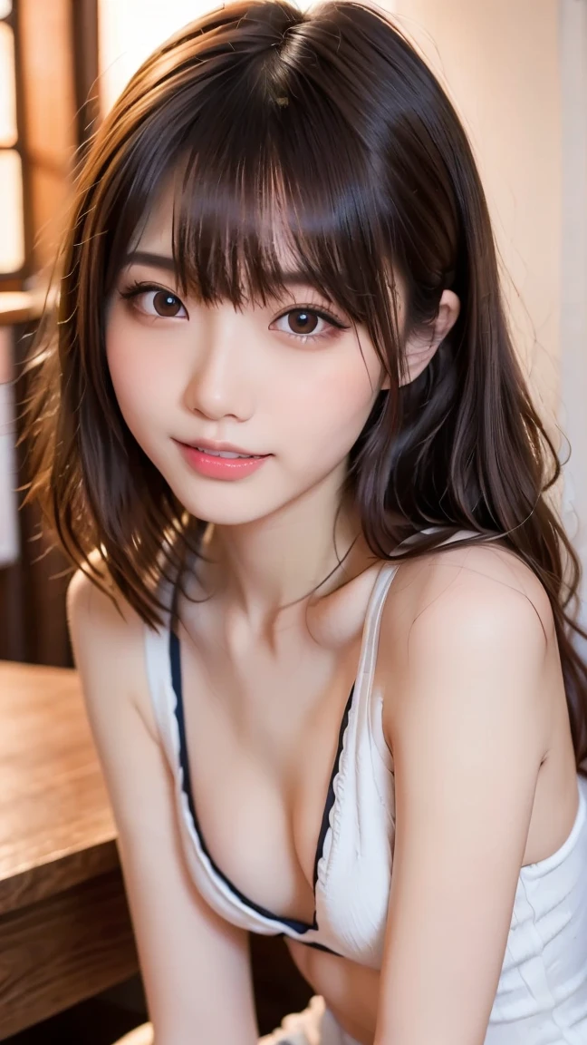 NSFW image、((night、real light、highest quality、8K image、masterpiece:1.3))、非常にdetailed eyes、highly detailed face、Highly detailed skin texture、(Beautiful girl with normal body type:1.4)、(beautiful brown hair:1)、Completely naked、sexy、constricted waist、thin thighs、look at the viewer、blush cheeks、super detailed face、detailed eyes、Happiness、A big smile、ベッドに横臥するCompletely nakedの女の子、crawl on all fours