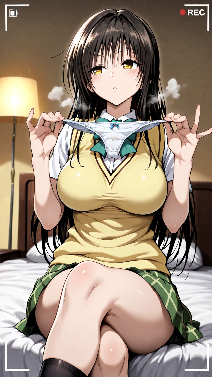 (masterpiece, best quality:1.2), 1girl, solo,standing_split,
Mikan Yuuki, brown eyes, brown hair, hair ornament,long hair,green plaid skirt, sainan high , , white shirt, yellow sweater vest,no panty