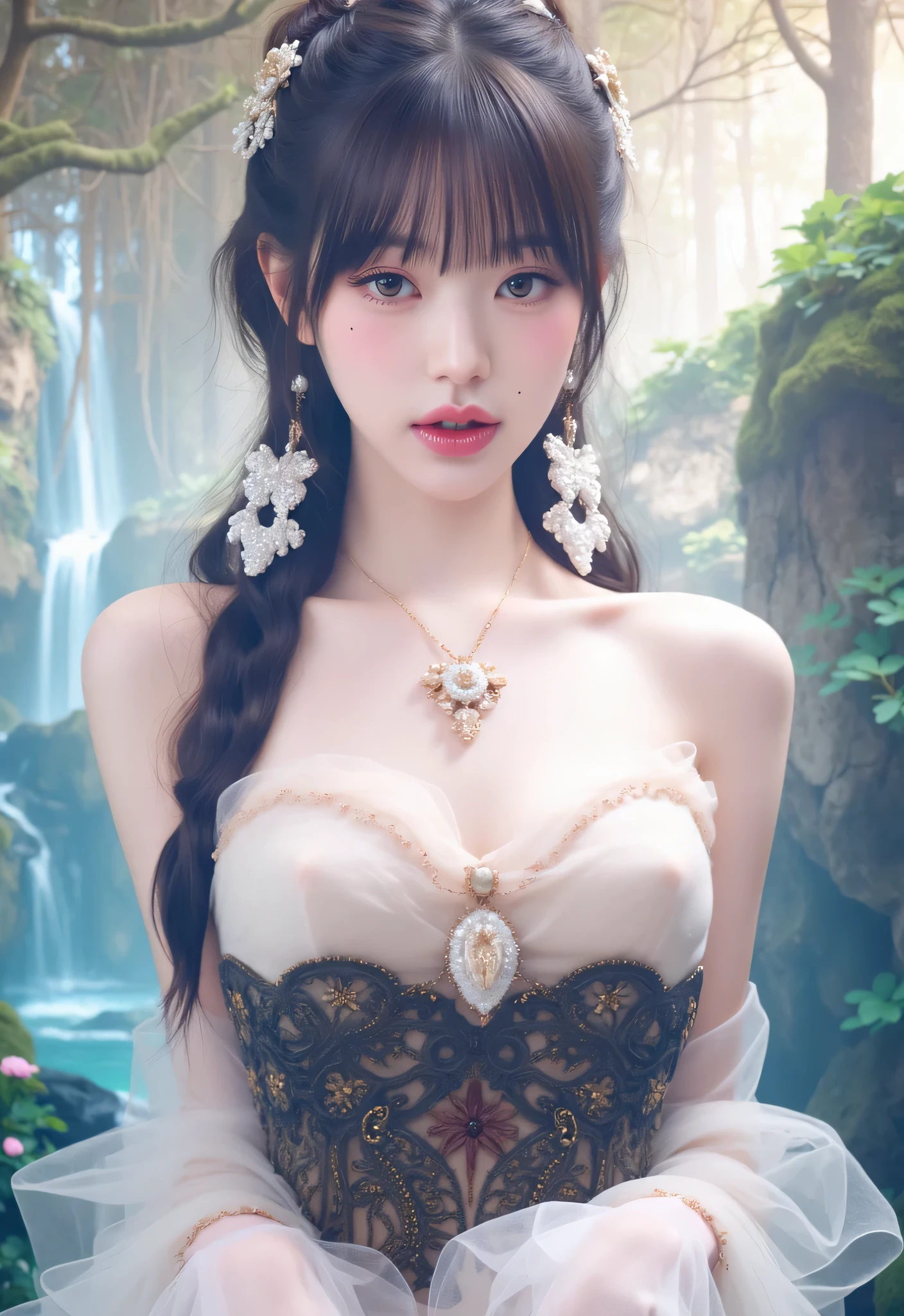 Top of the line CG, highest image quality, masterpiece,8k image quality,  exquisite and delicate beautiful girl, from above, face close-up,holding popsicle,popsicle_licking,lickinng,tongue_out, open_mouth,masterpiece,best quality,1girl, blush,,sword_maiden, long hair,blonde, black_blindfold, white dress, jewelry, necklace, detached sleeves,in an island,glowing stardust frontground,fantasy,sparkling,fireflies,
