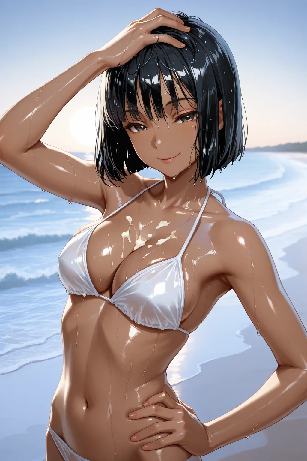 masterpiece, best quality, ultra detailed, BREAK 1人の女の子, 18_ years_ old, BREAK abs body, (Black Hair, Pixie Cut, Dark skinned women, Dark Skin:1.3), (chest, gigantic chest, Perfect hands, perfect fingers:1.2), shiny hair, shiny skin, oily, BREAK (比基尼, micro 比基尼, black 比基尼:1.3), pleased, (1girl standing, cowboy shot:1.2), (contrasted, One hand on hip:1.2), outside, beach, evening, (ass pov), (from above, high angle, looking ahead:1.2),
