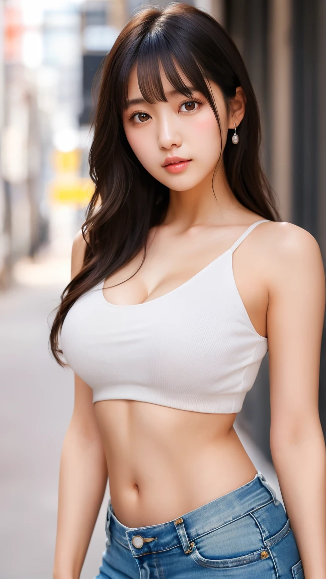 close-up of beautiful korean female, 34 inch breasts size, wearing crop tank top, and short skirt, in the city, sunset light, bokeh background, UHD