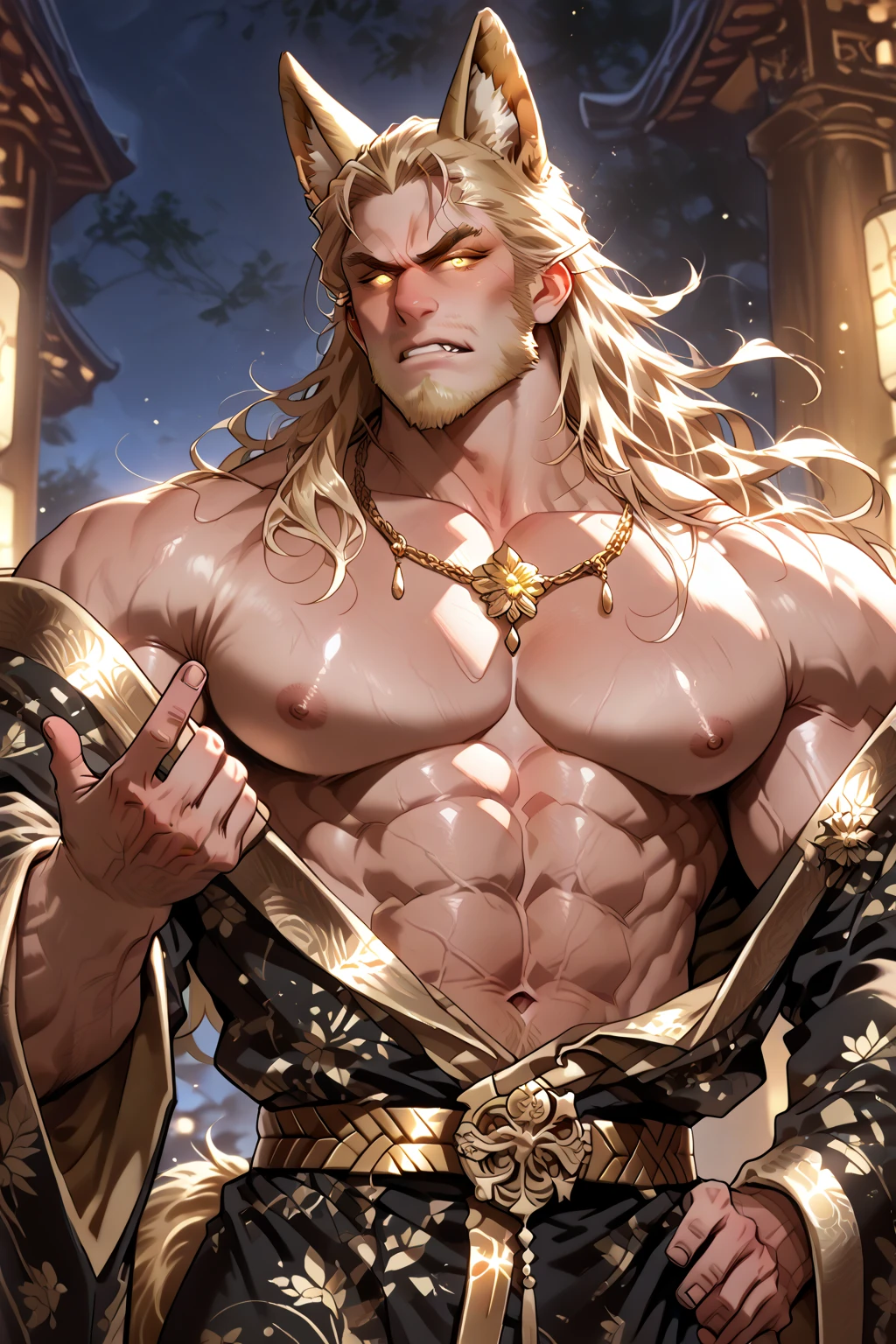 an old man, beard, smirk, long blond hair, fundoshi