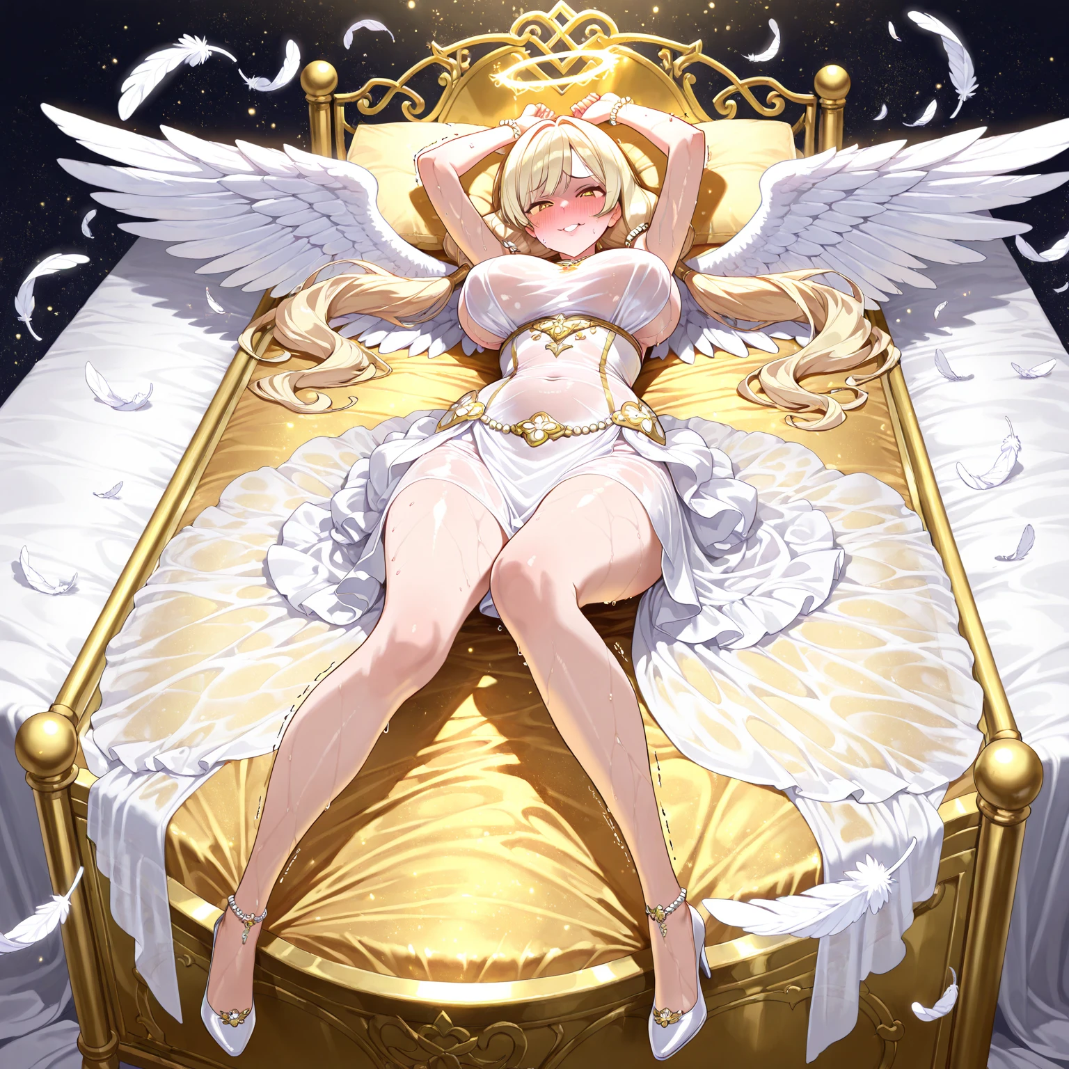 (((Masterpiece)))), (((Best Quality)))), (Illustration)))), (Ultra Detail)))), (High Definition)))), Girl, (Kagamine Rin), On the Bed, (Blush), (Embarrassing)), Cowboy Shot, Look at Viewer, (Lying on Your Back), (White Bikini), Cute, Ecchi Anime Style, Medium, Popular on pixiv, Lori, Beautiful Girl Anime Style, Sexy Anime Style, Buruaka Style, See-through, Cleavage, Most Popular on pixiv, On Soft Plush Bed, Angel, Sleeveless, Navel Visible, Innocent Face, Pure White Wings, Character Center, Circle of Angels, One Girl, Official Fan Art, pixiv Best Works, Smile, pixiv Top Rating, Lover's POE, Incredibly cute, Adorable, Precious, lovely,curvaceous,attractive girl,white ribbon on head,want to protect,inspire possessiveness