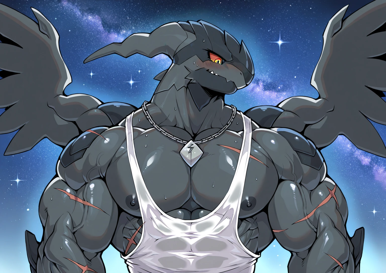 Black colored bara dragon, white countershade, black skin, strong physique, tribal tattoos, cyan colored eyes, black sclera, very muscular, perfect anatomy, scars on body, full body view in frame, solo, masterpiece, beard, strong jaw, thick thighs, giant biceps, muscular, shark tail, grin, amazing shading, full body, detailed hands, detailed eyes, detailed face, detailed arms,anthro, muscular, abs, (detailed:1.5), male, detailed background,by zackary911, by nightterror, by sligarthetiger, huge plump pecs, bodybuilder pose, gym background, sweaty, looking powerful, perfect musculature, jockstrap, flexing arms, pec focus
