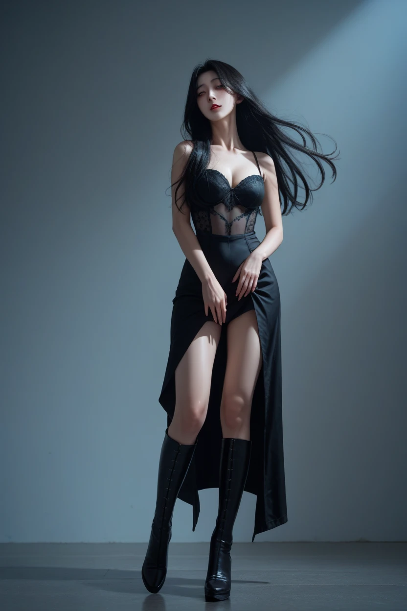 Charming beauties、whiteshirt、Black pleated skirt、black pantyhose、Long curls、Black Rose、charming oval face、二重まぶた、Clear eyes、Beautiful thin legs、toned ankles、The ultra -The high-definition、The ultra-detailliert、Elegant standing figure、Create a slender lower body curve、Expressing adult femininity、top-quality、8K、ultra-detailliert、soio、9 head body、Night、Move ki、The Darkness、seductiv、brainwashed、Evil Fall、wicked、darkness