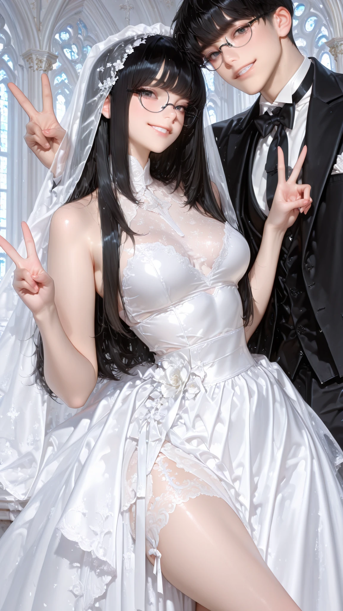 best quality, masterpiece, standing, 1 woman, looking at viewer, smiling, 25 years old cute woman, shiny lips, brush, sweet, sun glare, super soft thin and frilly textured wedding dress, white gloves, (wedding veil:1.2), white lace stockings, (sheer long skirt:1.5), white garter belt, depth of field, blurred background, cathedral background, light particles, strong wind, head tilt, oppai, gigantic cleavage,(((extremely huge breasts))), large breasts size, japanese goddess, sexy girl, sfw huge breasts, covered sfw huge breasts, angelawhite, big breasts, with large breasts, breasts covered and sfw, really large bust, busty, large breasts, gigantic breasts, buxom chested, with a large breasts