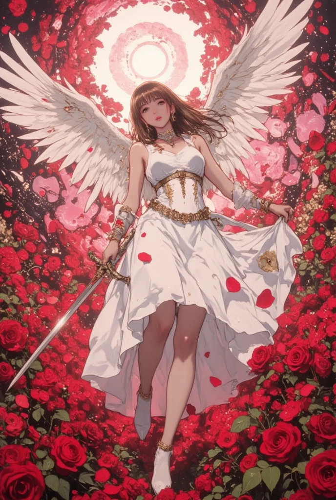 ((highest quality)),(ultra high resolution),(Super detailed),(detailed description),((best CG)),(best work of art),super precision art,amazing drawing art,(Fantasy art with precise details:1.5), (one female angel:1.5),(beautiful and well-shaped face:1.6),(A detailed and detailed dress:1.6,embroidery:1.3),(((rose whip:1.8))),6Wings:1.8,dynamic action:1.6, soft light