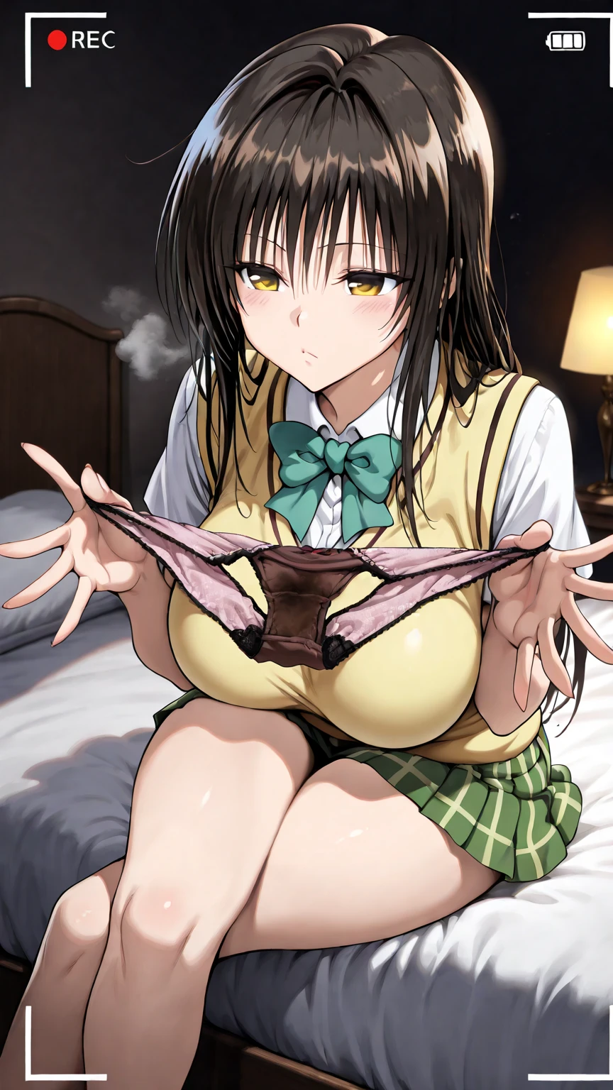 (A superb exquisite haruhi suzumiya), (haruhi suzumiya:1.5), (kyoani haruhi style Uniform:1.5), brown eyes, brown hair, natural straight hair, hairband, ribbon, straight bangs, solo, nature, extremely delicate, straight facial features, peerless beautiful girl, soft, (sensual face), ((ecchi face)), dreamy quality, exaggerated facial features, solid color, frank holly, delicate face, bright lips, slender waist, soft curves, real light and shadow, super fine, 4k, natural moving, Ultra high resolution, (masterpiece:1.2, best quality), (finely detailed beautiful eyes: 1.2), (beautiful detailed face), sexy semi-nude model, sexy pose, Ultra high definition white bra and panties, erect nipples,Medium chest, slender body, (bedroom),