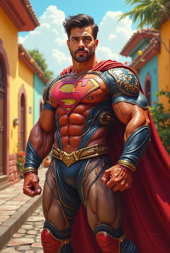 Latino chav, 20 years old, short hair, men, hairy, hairyalpha, BeardAlpha, wearing a superhero clothes, wearing a superhero cape,gold details ,armor, latex, tight superhero uniform, oversized pectorals, heavy pectorals, oversized bulge, intimidating, smirking, nipple rings, angry, threatening, bara, prison background