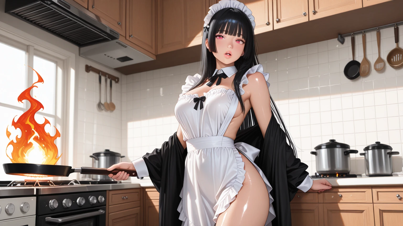 girl black hair, dark circles, big body, muscular, thick body, super muscular, small breasts, flat breasts, thick legs, muscular legs, maid, restaurant, horror scene, cinematic lighting, tired