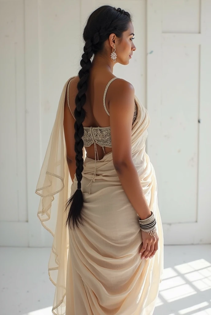 Indian Kerala woman,((1890s:1.3)), ((back view:1.3)),bare back, wearing a wraparound woolen skirt, (lehnert and landrock photography:1.4), looking at camera,((monochromatic:1.3)), ((photorealistic:1.3)), curvy, smiling, anatomically correct, tall, long messy hair, outdoors