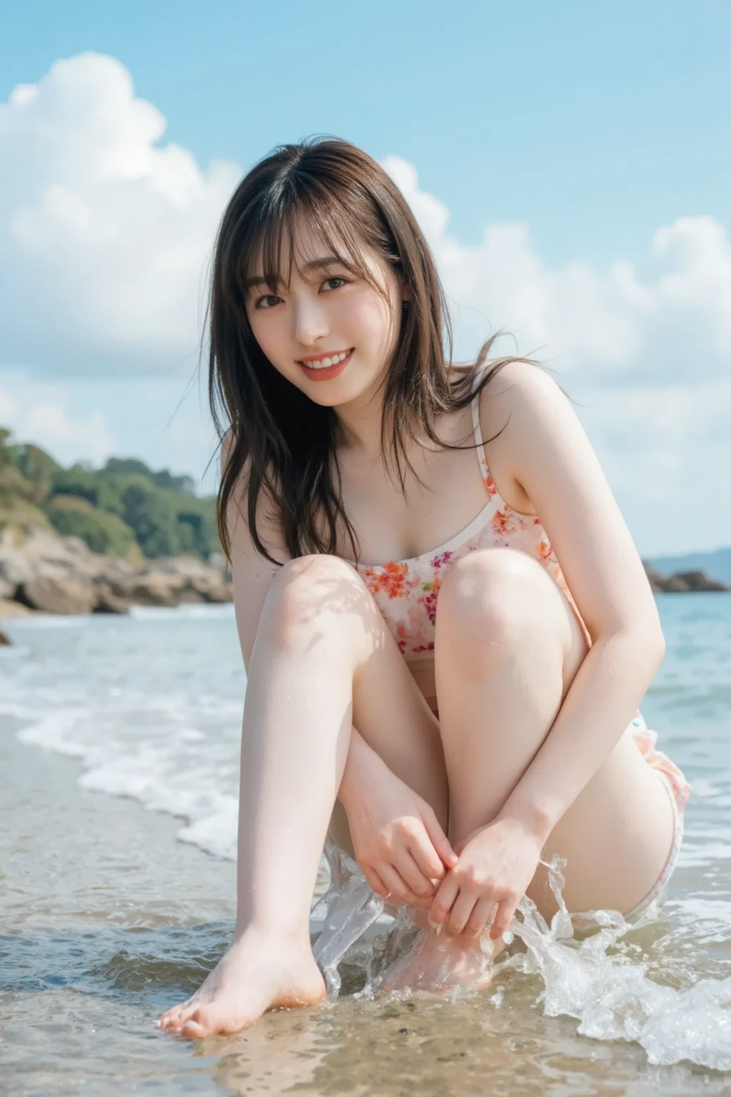 (masterpiece), (Highest quality), (Very detailed),(Disheveled Hair),(shape), (One Girl), (bikini), Are standing, Fashion Model, View your viewers, (interview), (Beach),Beautiful details, Delicate and beautiful face, floating,(High chroma),(Colorful splashes),Colorful bubbles,(The Shining), Focus on the face, Hair Ring, Floating Flowers, Floating Hair, (The Shining), Best lighting, Best Shadow,