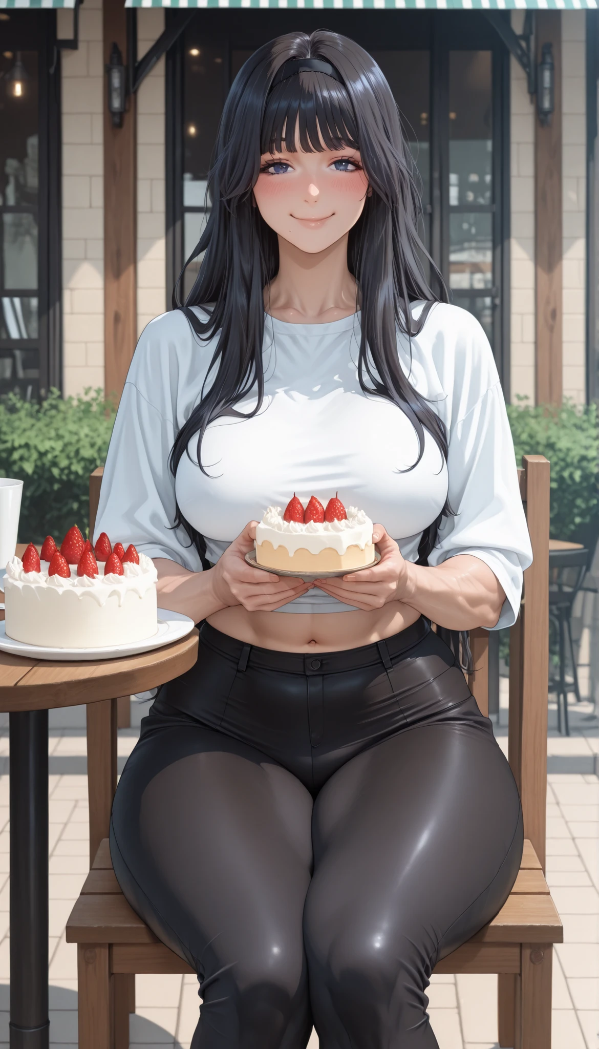 detailed illustration, dynamic angle, ultra-detailed, illustration, 1girl, mid 40’s year old Chinese woman, dark, night, in a fancy home, standing in the front door, wood paneled walls, beautiful dark wood floors, oriental rugs, nighttime, obese and thicc milf , silk waist-long dark hair , big round firm belly, purple sweater, strained pants, soft smile, motherly and nurturing, look, cute, tight clothes, tight pants, erect nipples, very wealthy looking, holding a cake