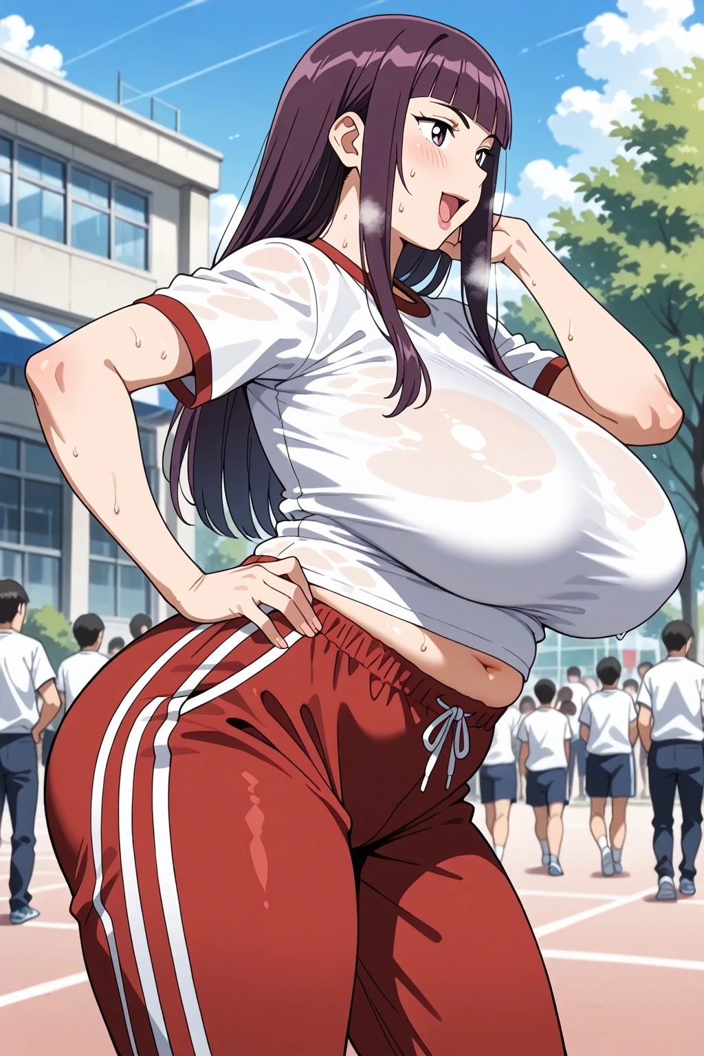 ((Masterpiece)), perfect anatomy, perfect shading, field of depth, (best quality), extremely delicate and beautiful, perfect lighting, detailed face, ultra cute face, cute, (cowboy shot 1.2), looking at viewer, full body, (((1girl))), (((solo))), cheerleader

 long hair, fluffy hair, brown hair, green eyes, ((blush))), embarrassed, worried, (cheerleader uniform), (white tank top 1.2), (short section red skirt 1.2), thigh highs, chocker, extremely tight clothes, large breasts, cleavage, perky breasts, (((wide hips))), ((thick thighs)), ((big butt)), ((plump)), chubby belly, fat rolls, belly hang, she has a jiggly belly,

 Locker room, intricate background, detailed background, sweaty, out of breath, hands on hip