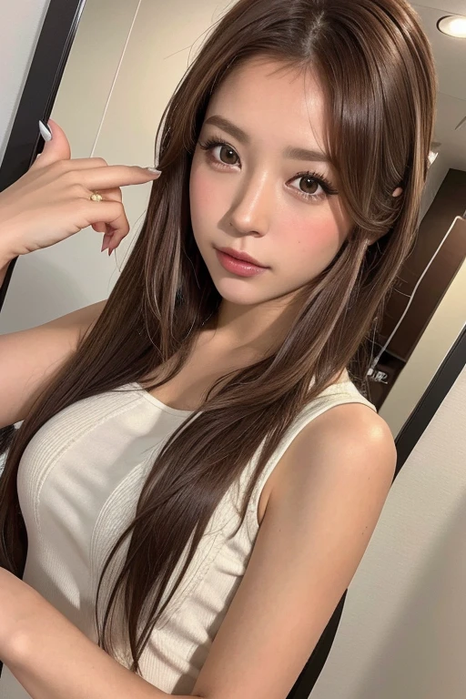 Taken with iPhone camera、Are standing、Above the waist、Cute Japanese Women Photos、Normal chest、Long Hair、Golden Hair、Upper body、Face Focus、Cute clothes、Simple Background、From above、Taking a selfie with a smartphone