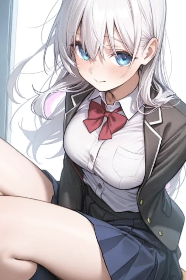 ((1 girl:1.5))、(smile:1.5)、、(cowboy shot)、(fun!!)、(white cardigan:1.5)、(dog ears)、(silver hair)、blush、(long hair)、(eye highlights:1.3)、blake black shoes,(黒いskirt:1.5)、bow, button, shirt with collar, long sleeve, ((red bow tie, ,, white shirt, チェック柄のskirt:1.5、white socks)),, shirt,, skirt, socks, thighs, white shirt, Rest indoors, ((classroom:1.5))、 BREAK while watching the audience、 (perfect hands, perfect anatomy),cowboy shot、(skirtlift:1.3),(highly detailed white panties:1.3)、(highly detailed panties:1.3)、、(skirt that rolls up:1.3)、(fully exposed panties:1.5)、light blue eyes