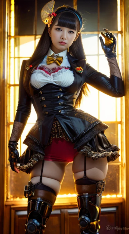 (junkotvv orejas de gato, ojos rojos), Masterpiece, high quality, 8k, ultra detailed, detailed face, huge breast, cleavage, standing, wrg1, full body, thigh, dark background,