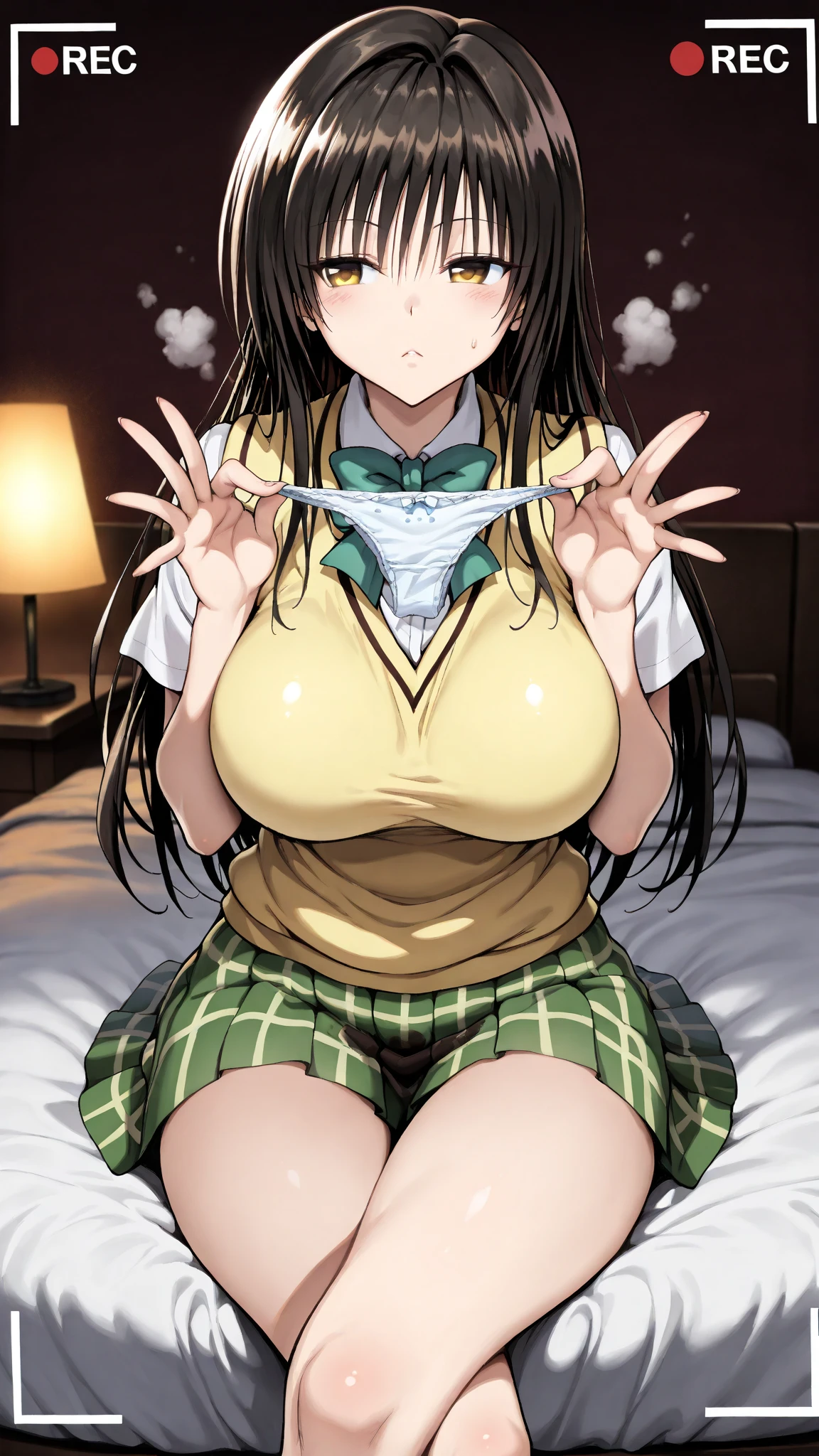 (masterpiece, best quality:1.2), 1girl, solo,standing_split,
Mikan Yuuki, brown eyes, brown hair, hair ornament,long hair,green plaid skirt, sainan high , , white shirt, yellow sweater vest,no panty