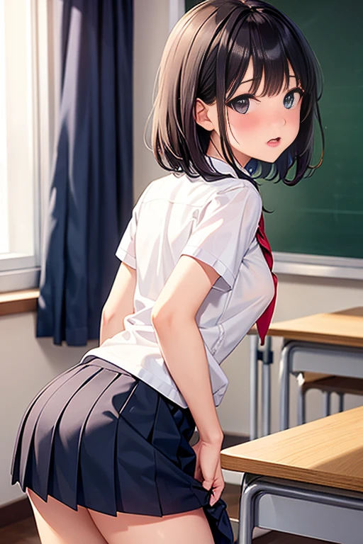 (masterpiece, best quality:1.2), nsfw, (1girl, solo), (black short hair, choppy hair, pixie hairstyle), (brown, lightless eyes, white medical eyepatch covering one eye), blush, (school uniform, white shirt, necktie, sweater vest), (pleated skirt, skirtlift), white sox, brown loafers, small breasts, curvy figure, slim waist, pussy, (love juice, pussy juice:1.2), (standing in classroom, school chair, school desk)