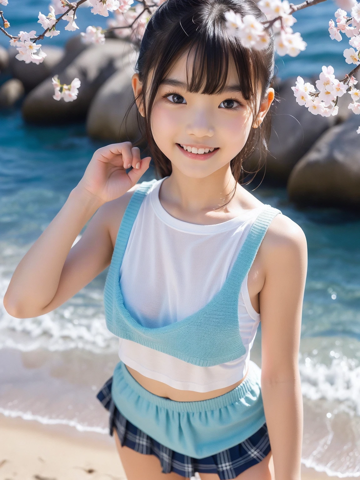 (best quality:1.2), masterpiece, (12-year-old, ultra cute kawaii:1.3), solo, smile, standing, looking at viewer, cowboy shot, (nup, cheerleader:1.2), ((focus on her armpits)), (((Sweaty armpits))), Armpit depression, ((((Dimpled Armpits)))), ((((Deeply wrinkled armpits))))