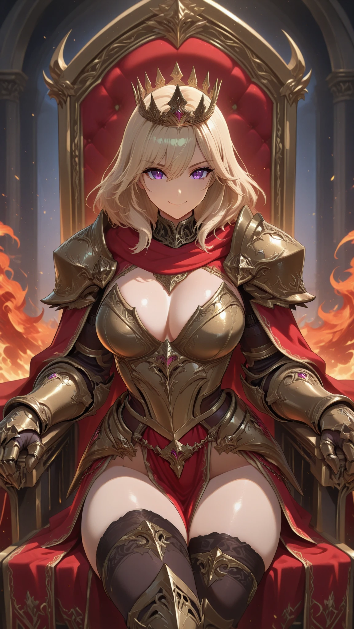 masterpiece, extra limbs, 1vampire lady, 250 years old,(light gold extra long hair), slant blank ruby red eyes, big breasts, muscle,(pale white finely detailed skin), (serious),(((clothed:1.5 armored dress knight))),hair ornaments,earrings,cape,evil sword,crossed legs,sitting on throne,old castle,midnight