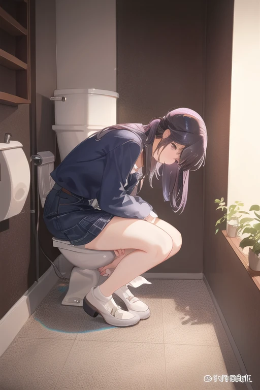 image from knee level, masterpiece, best quality, official art, extremely detailed cg 8k wallpaper, pussy focus, (1girl, medium breasts, black hair in 1 three-strand braid, dark blue eyes, petite),
(1girl:1.3), (toilet use:1.8), (sitting:1.8), (panties below knees:1.6),nsfw,bottomless, medium breast, topless, pubes,
highly detailed, cinematic lighting, (original figure painting), ultra-detailed, incredibly detailed, (an extremely delicate and beautiful), (best quality), (masterpiece,best quality:1.5)