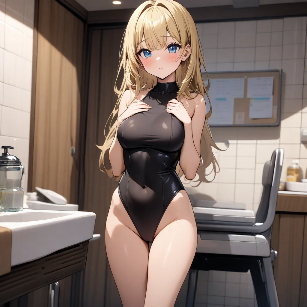1 girl,blue eyes, blonde,ponytail, big breasts,black leotard,barefoot,high leg cut, Are standing, spread your legs, serious face,blush,Sweat,