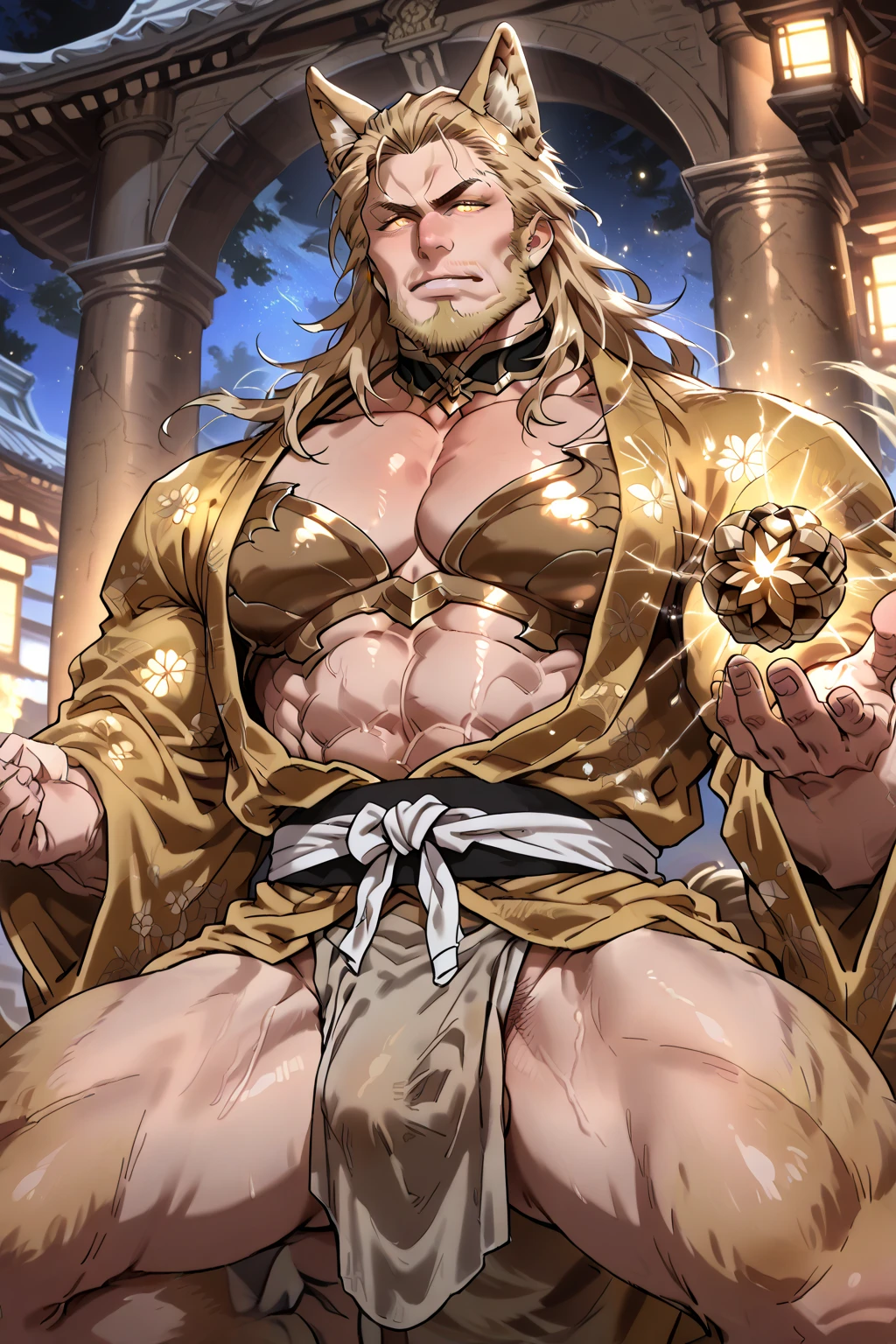 1 big man, with tail and ears of a lion, mane, pretty muscular blonde hair and naked ((anime style)) (long penis) savanna landscape ((bara style))