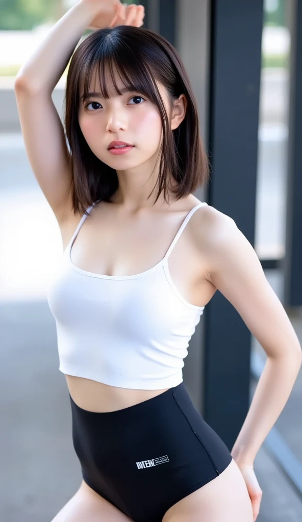 cowboy shot, masterpiece, beautiful, (1girl, freya jkt48, lips, black eyes, closed mouth, photorealistic), beautiful, masterpiece, best quality, 1girl, athlete in olympics, sports bra, portrait shot, looking at viewer, outdoor stadium, exhausted and sweaty, intricate details,>