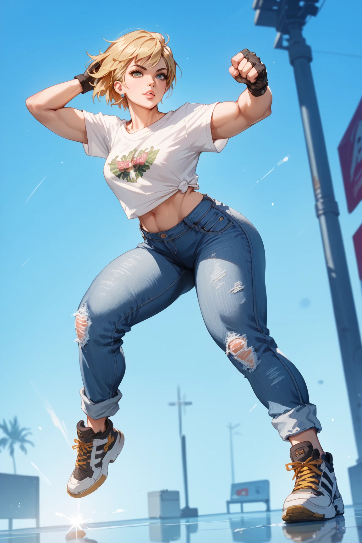 Perfect style, beautiful  face, Highly detailed texture of face and skin, (maximum resolution: 1.2), 1 female, standing alone, hip up, jewerly, (((He has many tattoos all over his body)), urban fashion, play sports frequently, pink  hair, Shorts, sports boots, (((cinched waist))), ((breasts big))
