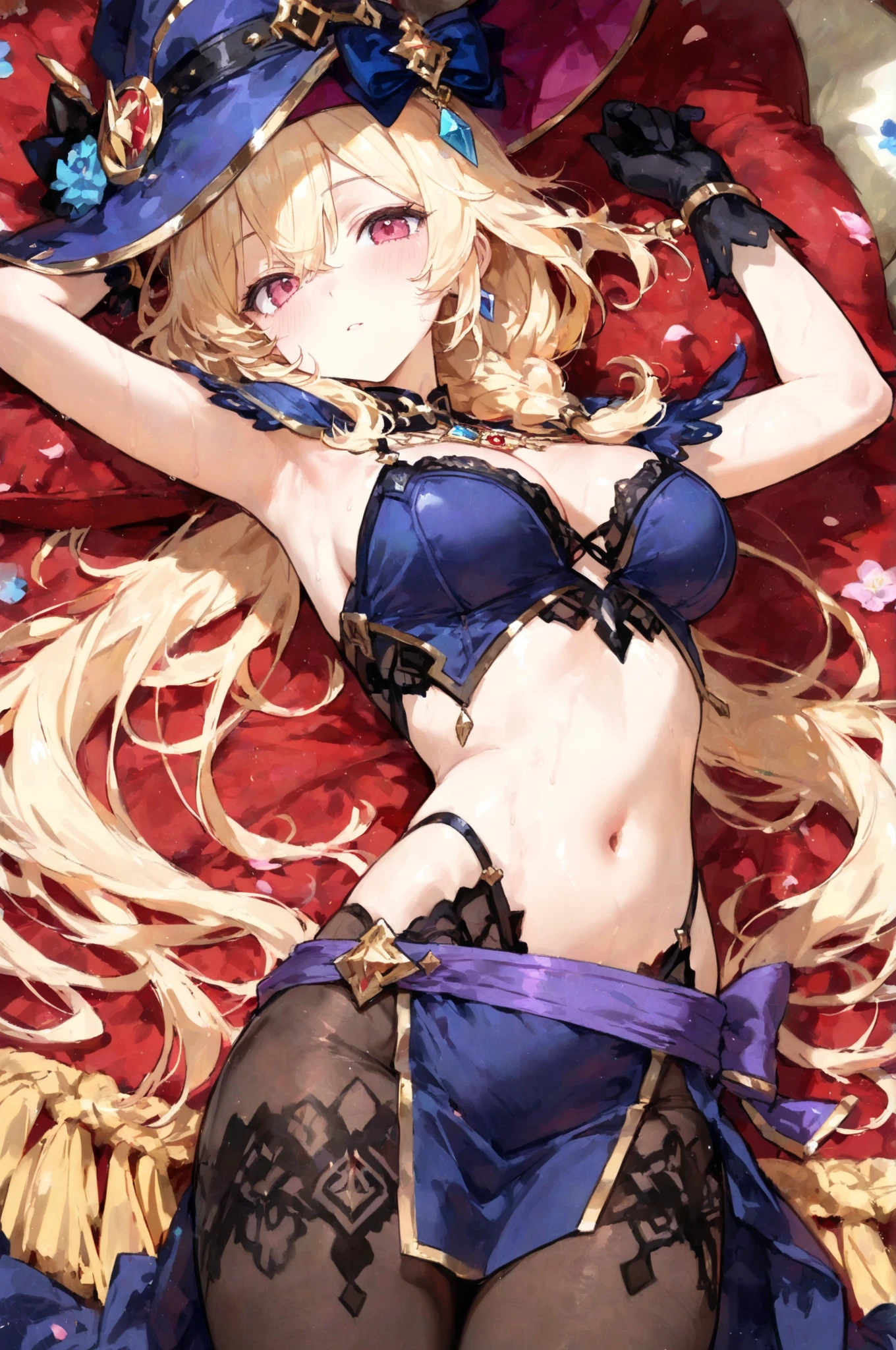masterpiece,8k,Fairy tale style,sleeping Beauty,A woman with medium ,(Gorgeous woman),ahegao,Long blond hair,Showing belly,Slim waist,红桃爱心❤️,Intricate rose pattern,Intricate details,