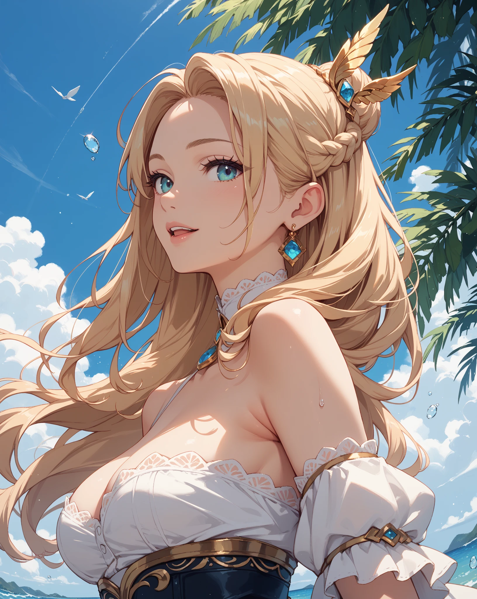 janna \(league of legends\), elf, floating hair, long blonde hair, elbow gloves, bare shoulders, blue eyes,
(huge breasts:1.2, upper body, from back, cameltoe, white panties, ass,)
jewelry, white yoga crop top, white yoga tight shorts, hands on chest,see-through, looking at viewer,  hair ornament, choker, shy,
(masterpiece, top quality, best quality, official art, beautiful and aesthetic:1.2), (1 girl), extreme detailed,  colorful, highest detailed,
city,street, leaning,  wall, sun, cloud,