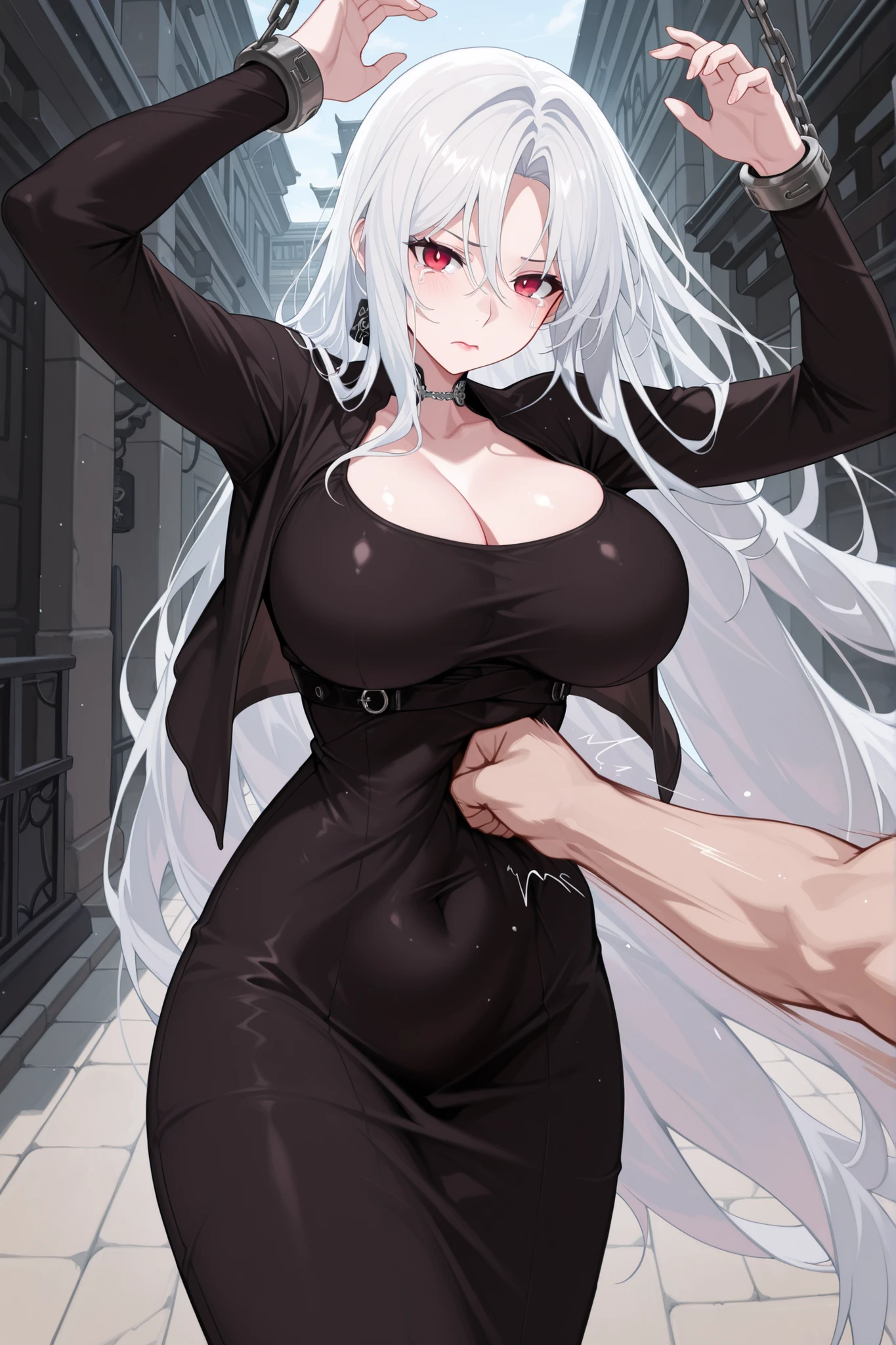 masterpiece, best quality, blowjob, (1girl, light skin:1.3), long white hair, purple eyes, medium breasts, black sheer top, white choker, (wariza, hands behind back:1.2), 1boy, (huge penis:1.2), fellatio, blowjob, from side, indoors, full body, <lora:SideBJ:0.6>