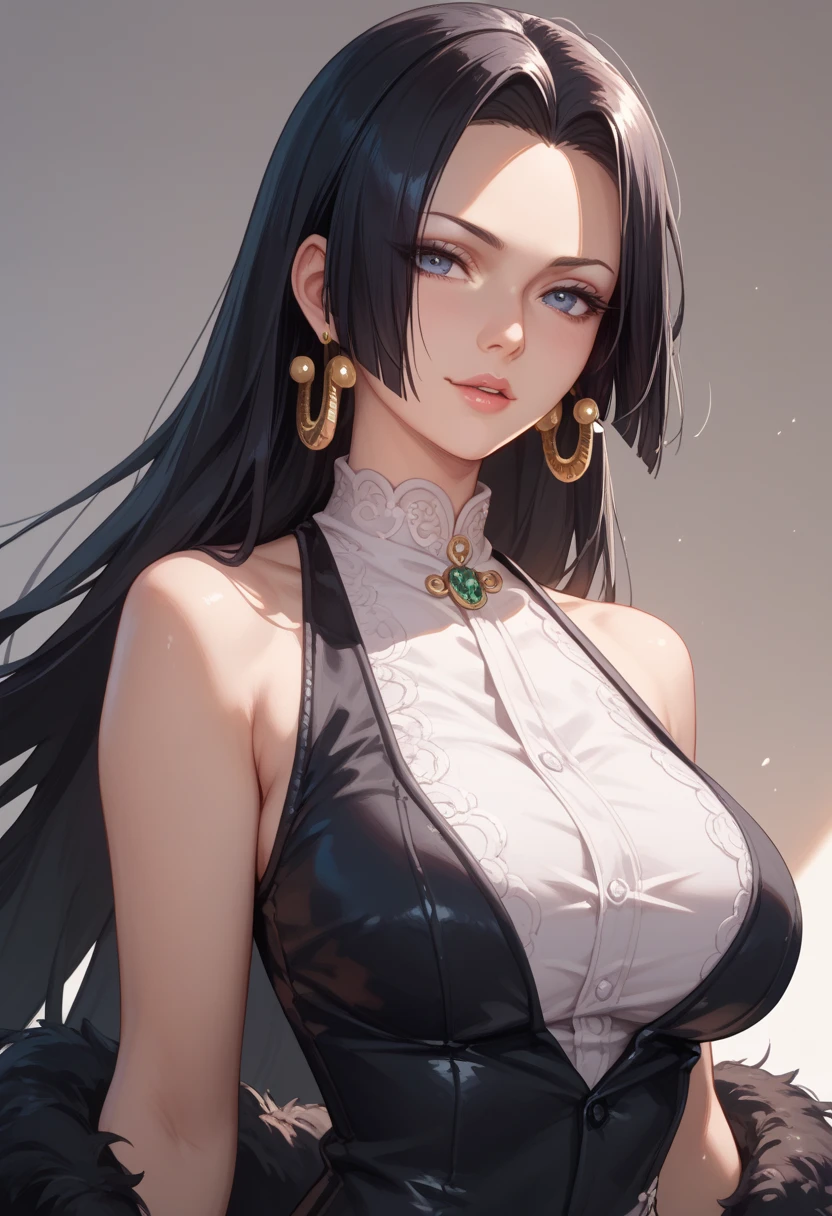 1girl, bust shot, detailed face, looking at viewer, detailed hair, detailed eyes, intricate jewelry hat, blush, detailed skin, shoulder, drapped dress, sideboob, soft lighting, (realistic, photorealistic), masterpiece, highest quality, earrings, art nouveau, arabs, very long straight black hair, (thick eyebrows:0.8), huge breasts, (warm skin undertone), black eyes, wide eyes, middle parted hair, v-shaped eyebrows, (v-shaped eyes, tsurime),