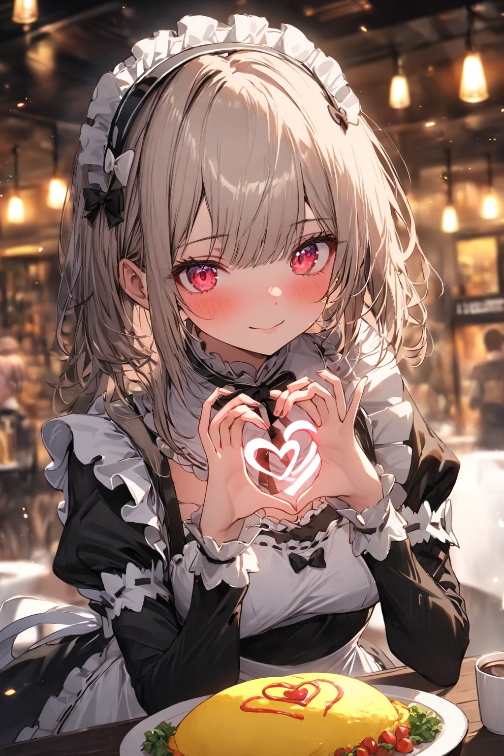 heart hands, a cute maid in a frilly maid uniform, heart hands toward an omelet:1.3, looking down seriously at the omelet, earnest expression, faint blush on her cheeks, heart-shaped ketchup on the omelet, soft glowing particles around her hands, warm lighting, cafe background,, shallow depth of field, masterpiece, best quality, high res, high detail
