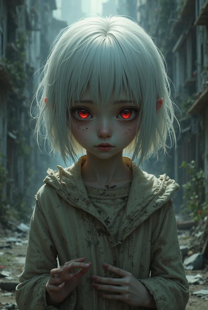 An albino child, skinny boy, with straight and short light hair with bangs, light red eyes, a skin tears off like snow, wearing a kind of long and worn sweater, blank stare, on a setting in an orphanage with an old structure, semi-realistic drawing style.  