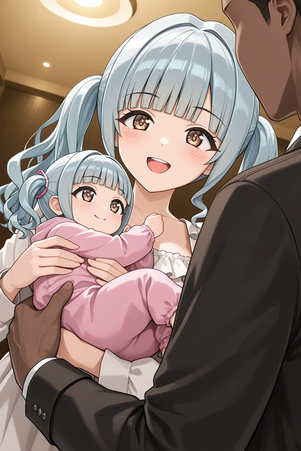 (in hotel, masterpiece, best quality:1.2), 1girl, ((holding baby, hold infant)), waving hair, (estrus, sweet temptation, lingerie), ((white elbow gloves, pattern))