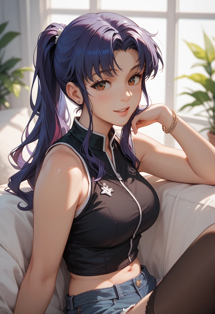 1girl, violet eyes, black silver gradient hair, long hair, decent large breast, sinister smile, white tank top, black gym short, living room, sitting on sofa, looking at the viewer, masterpiece, best quality, very aesthetic, absurdres, newest, intricate details, intricate, (SuperQuality:1.0) ~ (SuperQuality:1.2)