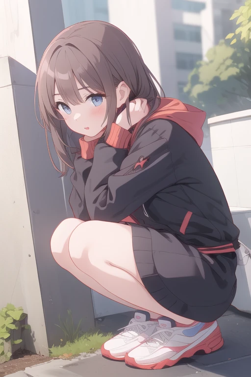 (Master parts, best qualityer), concept-art, Full body image of a Japanese woman，dressed in (Big red jacket:1.2) and a black shirt, fightingpose, intricately details, color difference, (Black pantyhose:1.4), 1girll, with long coiled hair, pale brown hair, Messy hair, droid, Biomechanicals, hair on one eye, honey eyes, Sharp eyes, Neon shirt, Open jacket, big sword, Cybernetic katana, Dark Blade, Japanese role-playing game style, Tech fantasy, Final Fantasy, pastels colors, (simple backgound, white backgrounid:1.3) From the front side，Positive perspective，looking toward the viewer，face to the viewer，Full body photo:1.4,perfect hand，perfect body figure，with perfect legs，perfect foot，Black pantyhose，transparent pubic hair，leg wide open，squatt，No shoes，cleavage，Bigchest，Type M，knee hugging，Hold your legs，focus on the feet，bends his knees，Knees，low chest，cropped shoulders，squatting pose