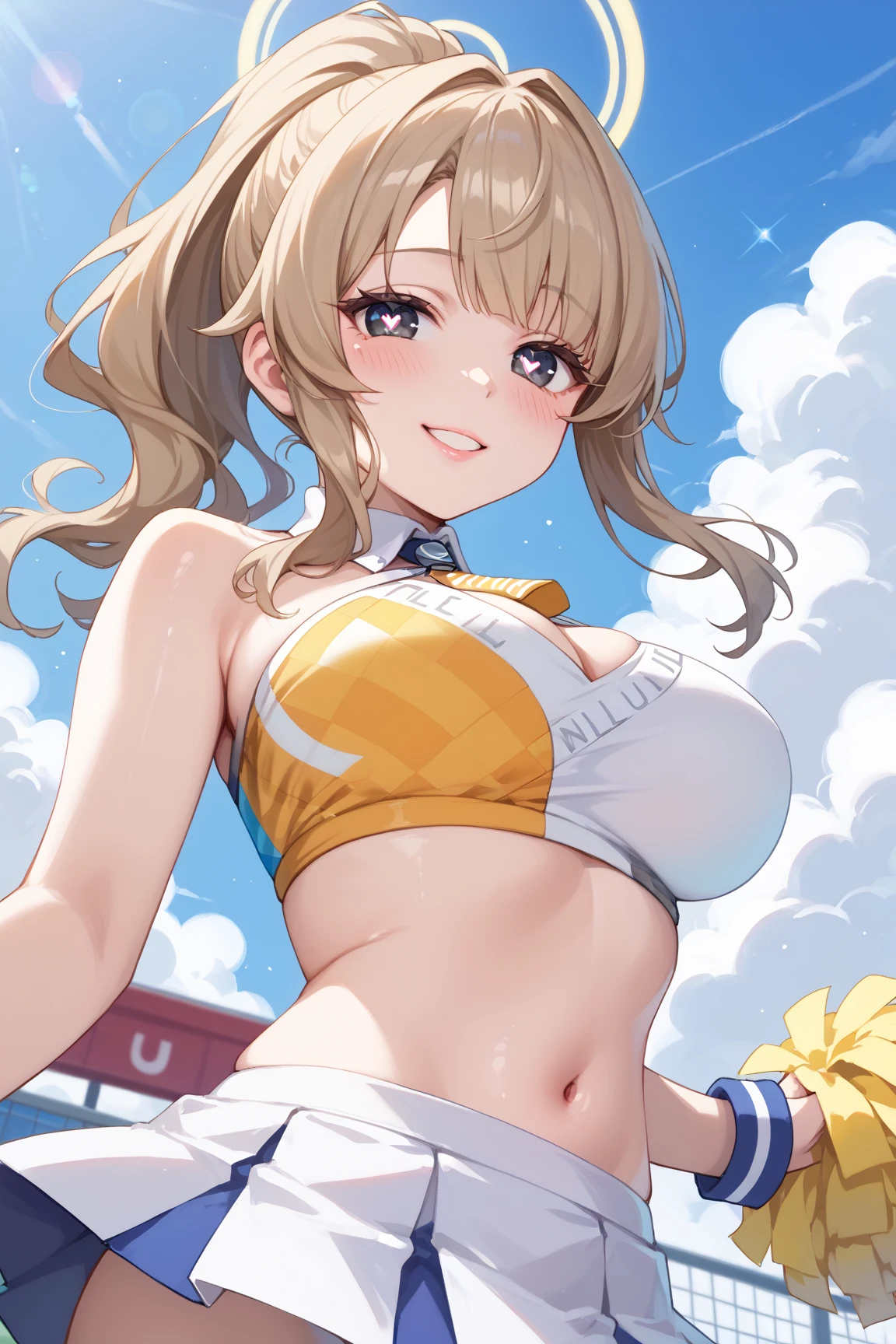 one woman,Super high quality,highest quality,underboob,underboob,Belly exposure,Angle from directly below,beautiful big breasts,Nipples are erect,blonde,cheerleader,pretty girl,Full view of pussy,standing position,short hair,Raise one leg,