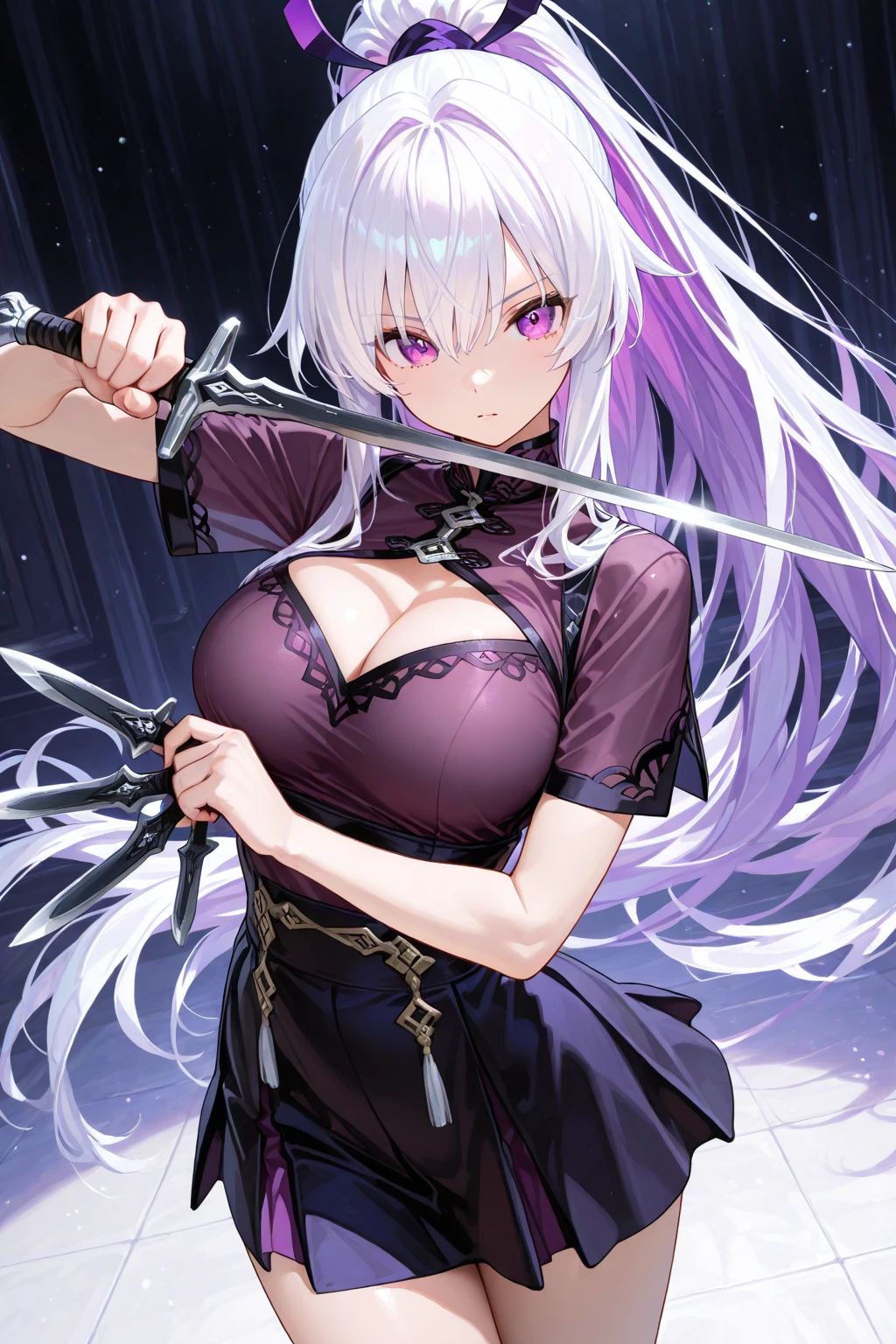 An adult woman, half fox, pink and white ears, pink and white hair, pink eyes, little white and black dress, wide breasts, very angry, holding a sword